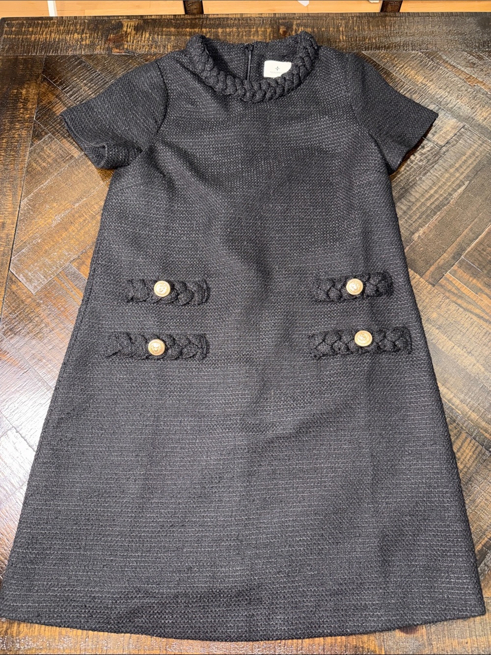Tuckernuck Jackie Black Tweed Shift Dress Gold Buttons Size S - Picture 5 of 11